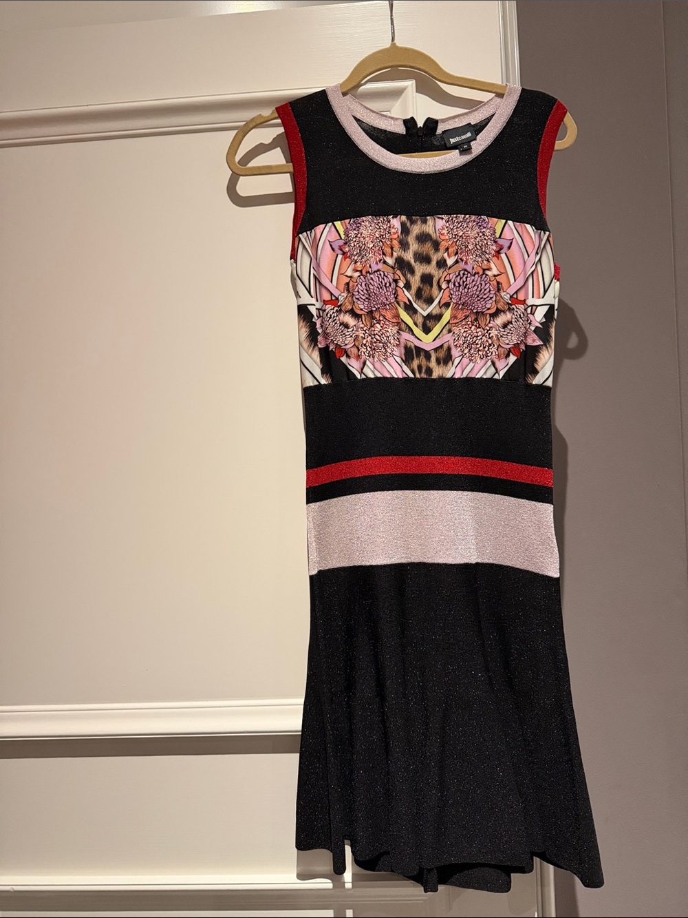 Just Cavalli Floral & Leopard Panel Sleeveless Dress in Black, Pink & Red